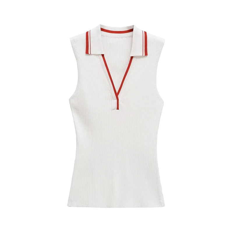 KEYANKETIAN Summer New Women's Striped Polo collar Sleeveless Knitted Top Preppy Style Slim Thin Knit Vest Threaded Pullover