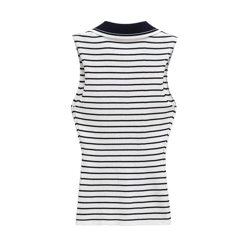 KEYANKETIAN Summer New Women's Striped Polo collar Sleeveless Knitted Top Preppy Style Slim Thin Knit Vest Threaded Pullover