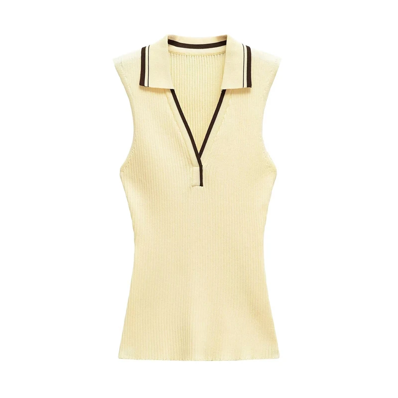 KEYANKETIAN Summer New Women's Striped Polo collar Sleeveless Knitted Top Preppy Style Slim Thin Knit Vest Threaded Pullover