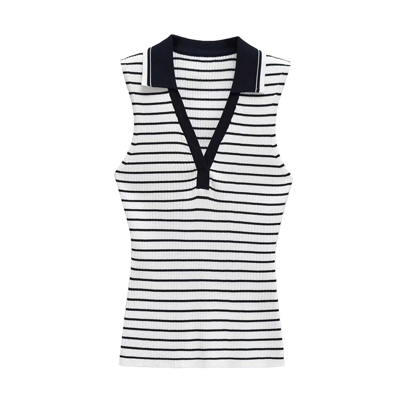 KEYANKETIAN Summer New Women's Striped Polo collar Sleeveless Knitted Top Preppy Style Slim Thin Knit Vest Threaded Pullover