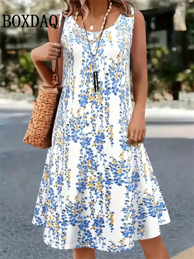 Summer Retro Plant Flowers Print Dress Women Round Neck Sleeveless Vest Dress Casual Vacation Beach Loose Sundress Women's Dress