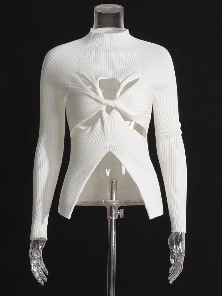 TWOTWINSTYLE Solid Hollow Out Slimming Knitting Sweaters For Women Round Neck Long Sleeve Twist Front Casual Sexy Sweater Female