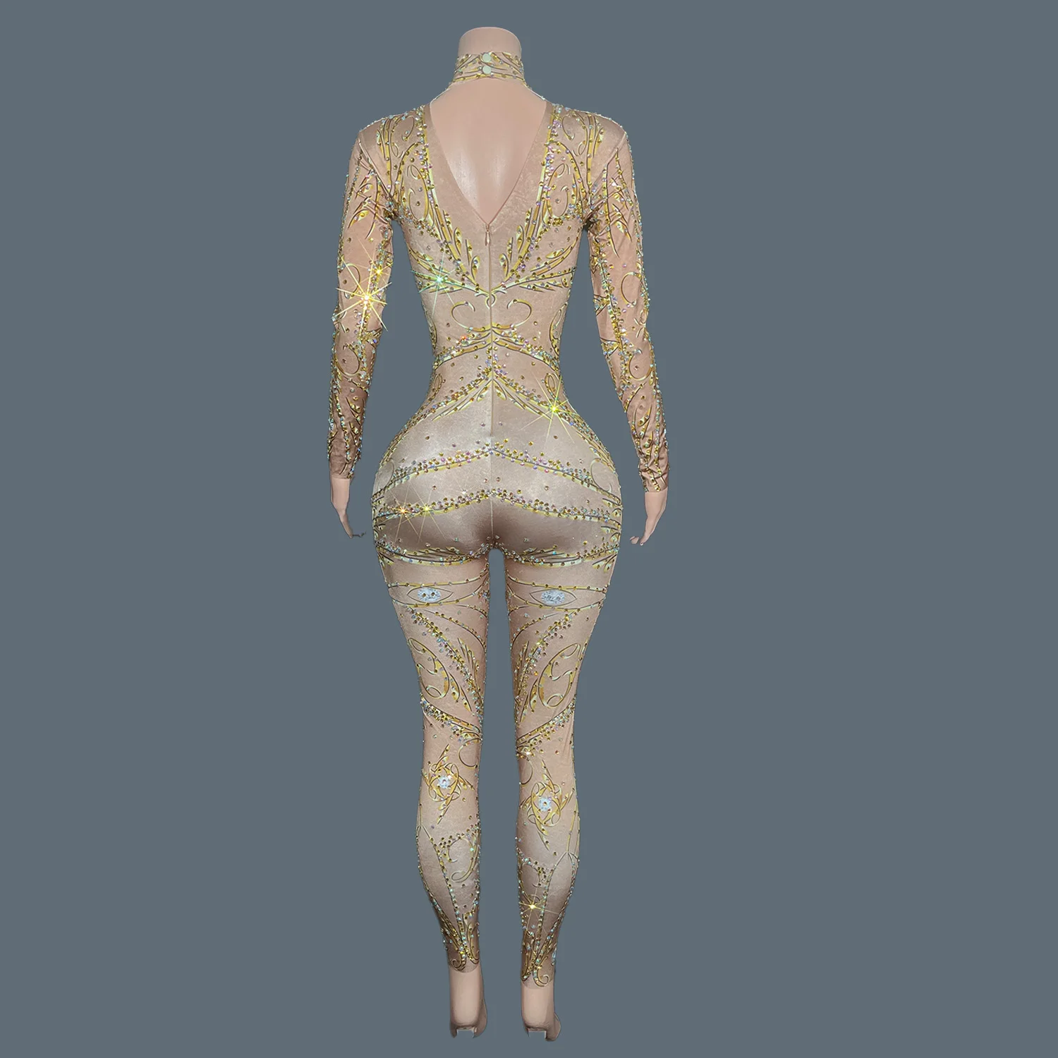 GOLD Rhinestones Spandex Bodycon Long Sleeved Jumpsuit Birthday Party Celebrate Bars Show Wear Women Dance Leggings Jinfenghuang