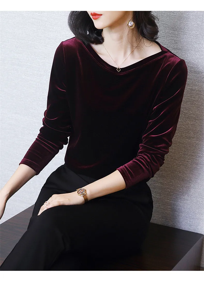 2026 Autunm women fashion elegant velour blouse,Winter velvet shirts black wine Blusas Tops blusas mujer de moda blouse