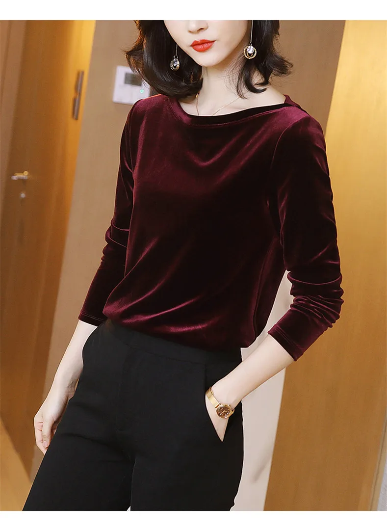 2026 Autunm women fashion elegant velour blouse,Winter velvet shirts black wine Blusas Tops blusas mujer de moda blouse