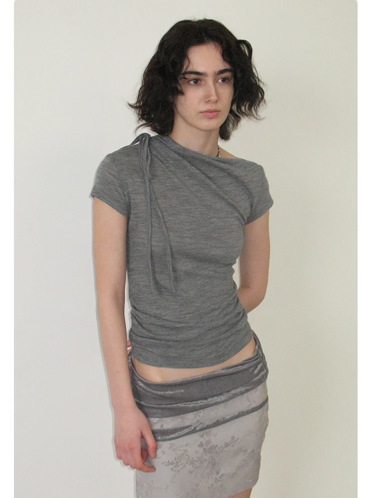 CHEERART Grey Solid T Shirts Woman 2025 Summer Slash Neck Short Sleeve Crop Top Designer Tees Fashion Clothes