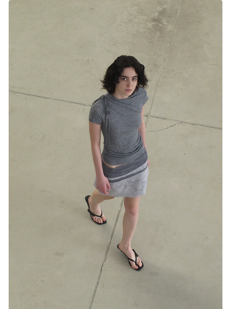 CHEERART Grey Solid T Shirts Woman 2025 Summer Slash Neck Short Sleeve Crop Top Designer Tees Fashion Clothes