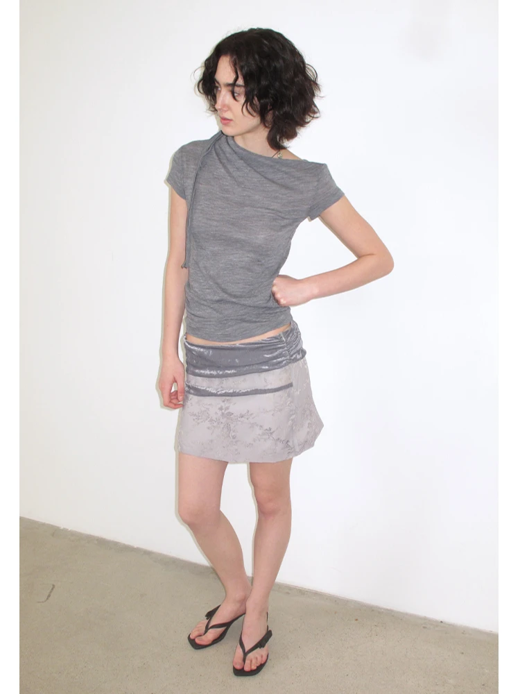 CHEERART Grey Solid T Shirts Woman 2025 Summer Slash Neck Short Sleeve Crop Top Designer Tees Fashion Clothes