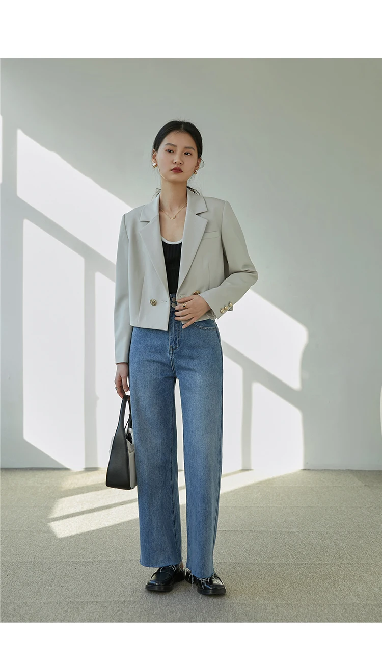 ZIQIAO Autumn Suit Collar Full Regular Sleeve Short Blazers Loose Office Lady Detachable Brooch Double Breasted Spring Jackets