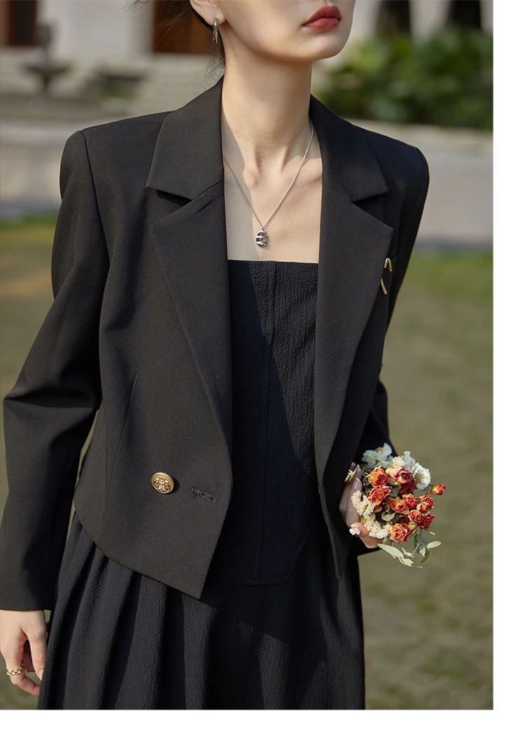 ZIQIAO Autumn Suit Collar Full Regular Sleeve Short Blazers Loose Office Lady Detachable Brooch Double Breasted Spring Jackets