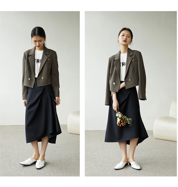 ZIQIAO Autumn Suit Collar Full Regular Sleeve Short Blazers Loose Office Lady Detachable Brooch Double Breasted Spring Jackets