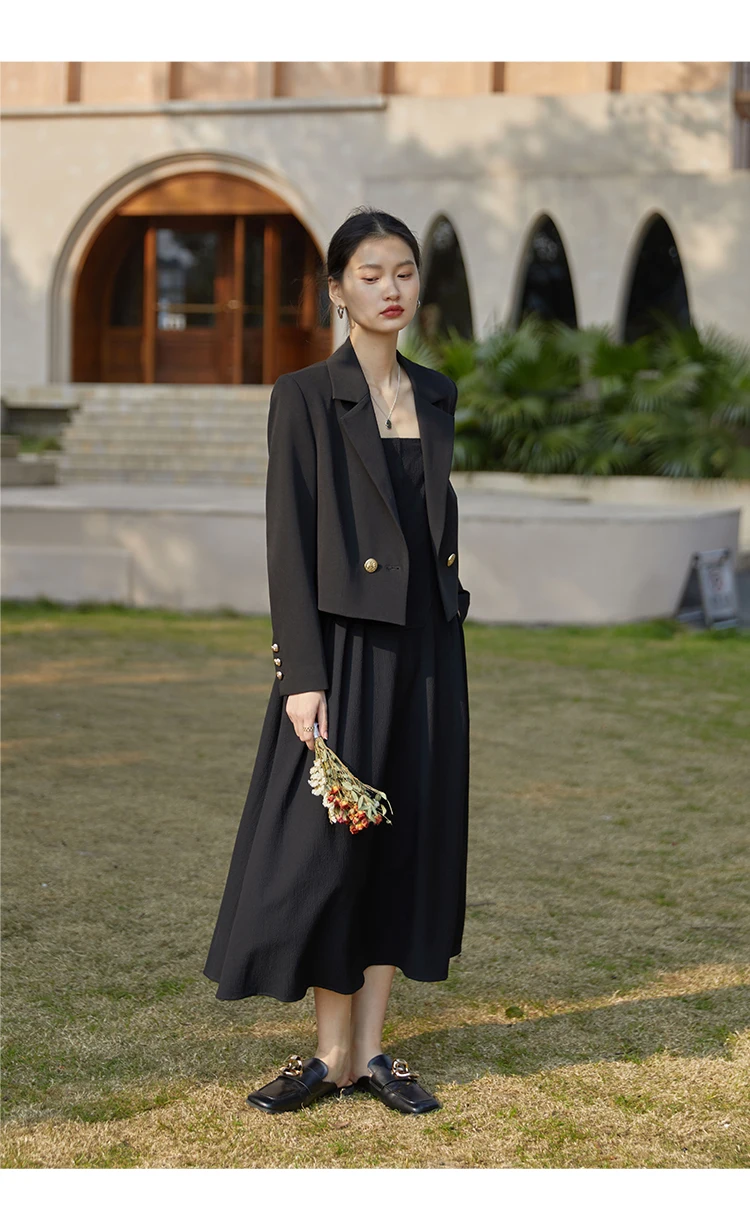ZIQIAO Autumn Suit Collar Full Regular Sleeve Short Blazers Loose Office Lady Detachable Brooch Double Breasted Spring Jackets