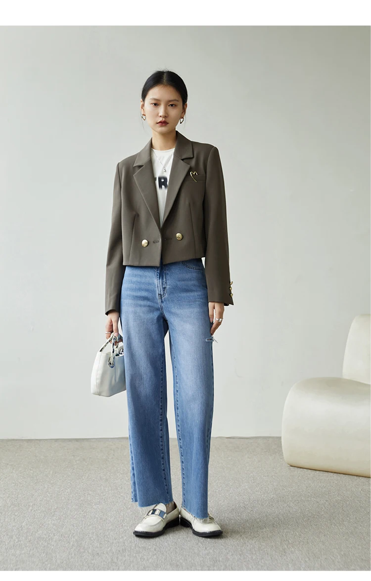 ZIQIAO Autumn Suit Collar Full Regular Sleeve Short Blazers Loose Office Lady Detachable Brooch Double Breasted Spring Jackets