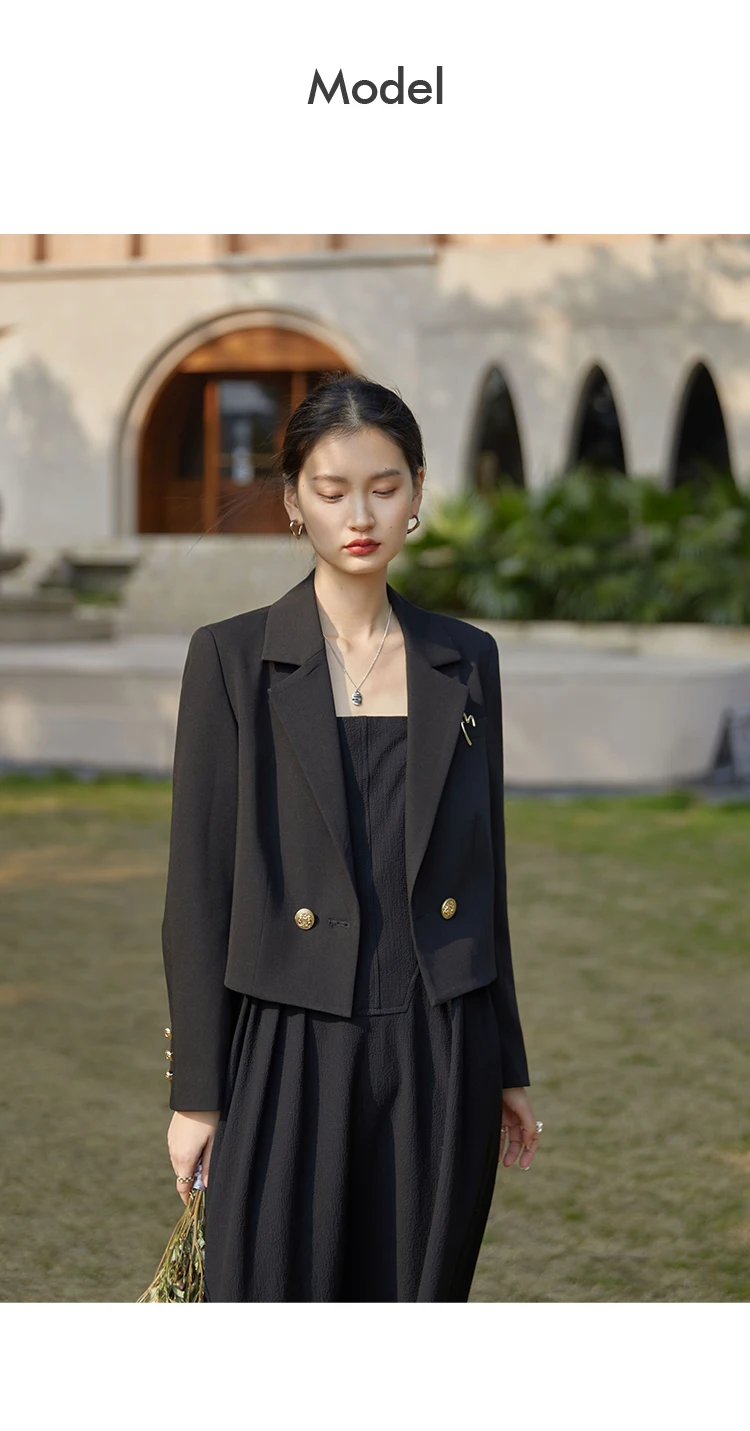 ZIQIAO Autumn Suit Collar Full Regular Sleeve Short Blazers Loose Office Lady Detachable Brooch Double Breasted Spring Jackets