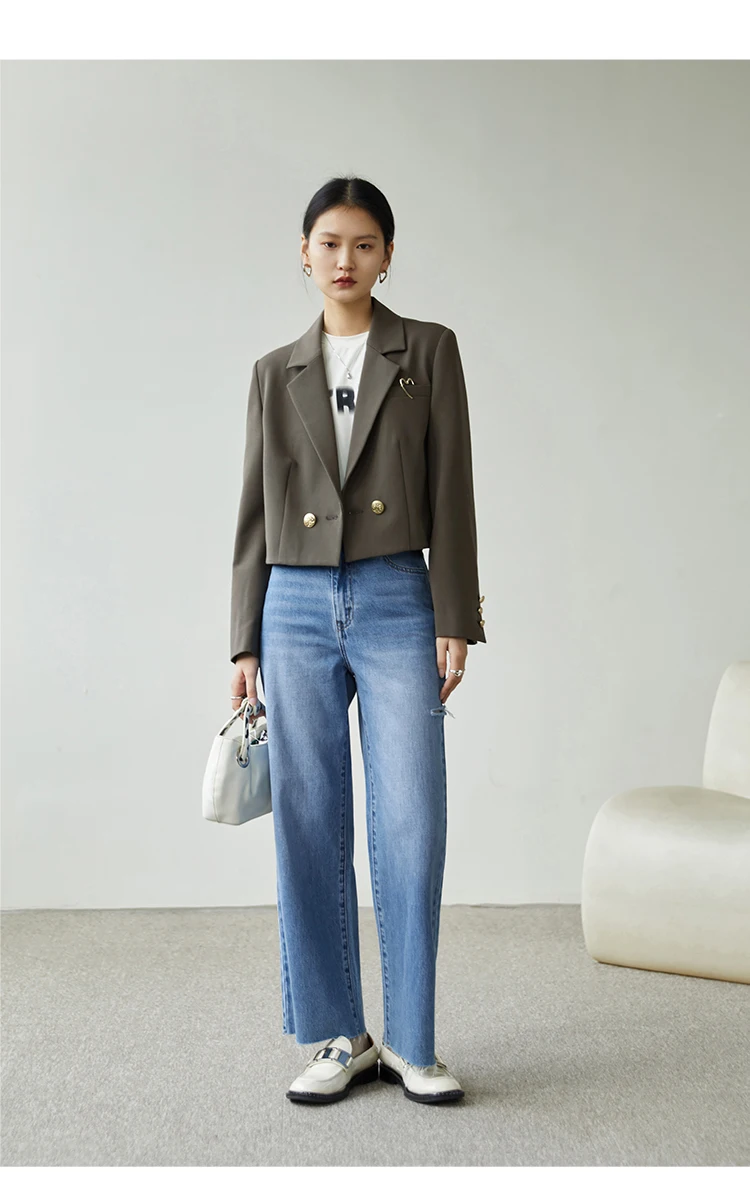 ZIQIAO Autumn Suit Collar Full Regular Sleeve Short Blazers Loose Office Lady Detachable Brooch Double Breasted Spring Jackets