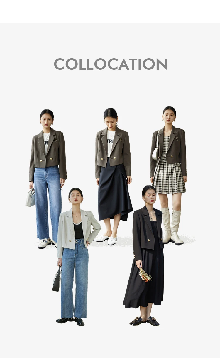 ZIQIAO Autumn Suit Collar Full Regular Sleeve Short Blazers Loose Office Lady Detachable Brooch Double Breasted Spring Jackets