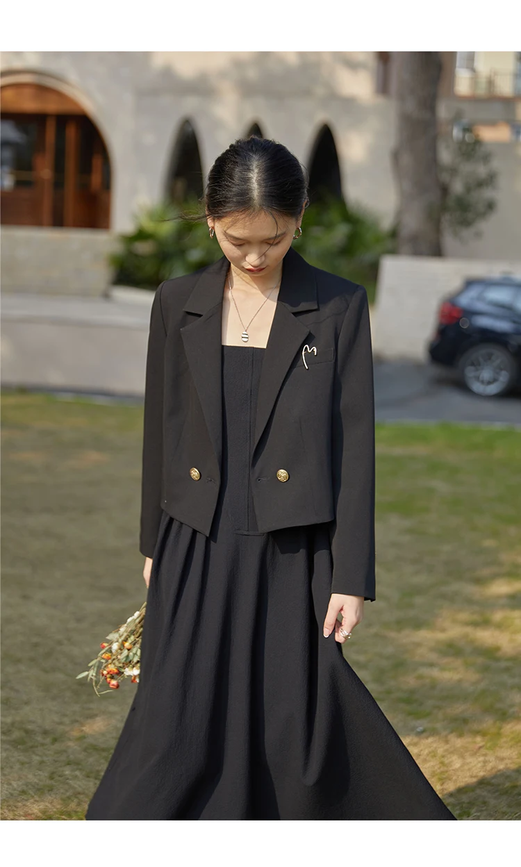 ZIQIAO Autumn Suit Collar Full Regular Sleeve Short Blazers Loose Office Lady Detachable Brooch Double Breasted Spring Jackets