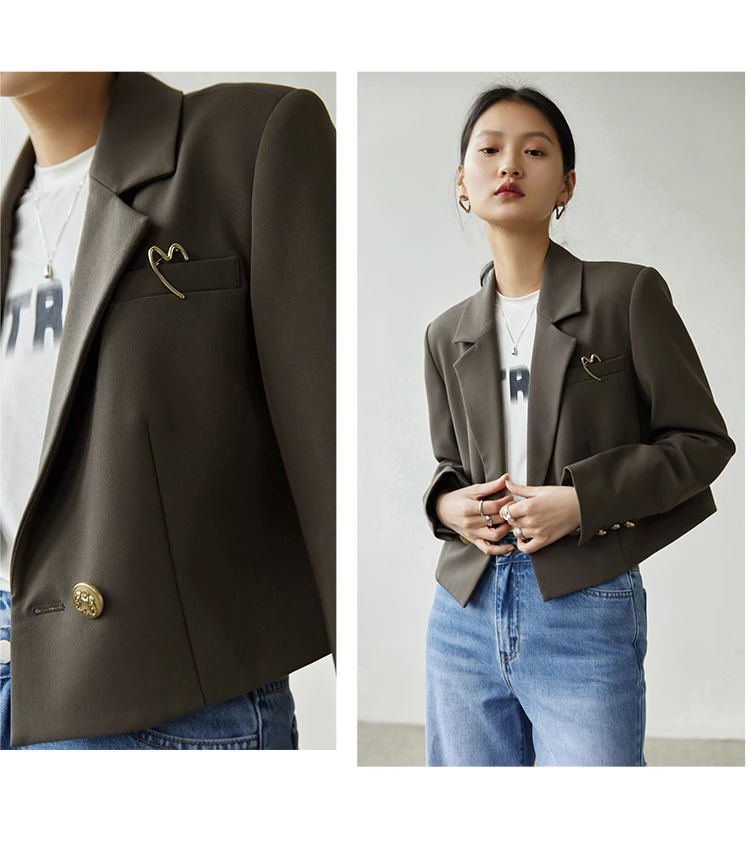 ZIQIAO Autumn Suit Collar Full Regular Sleeve Short Blazers Loose Office Lady Detachable Brooch Double Breasted Spring Jackets