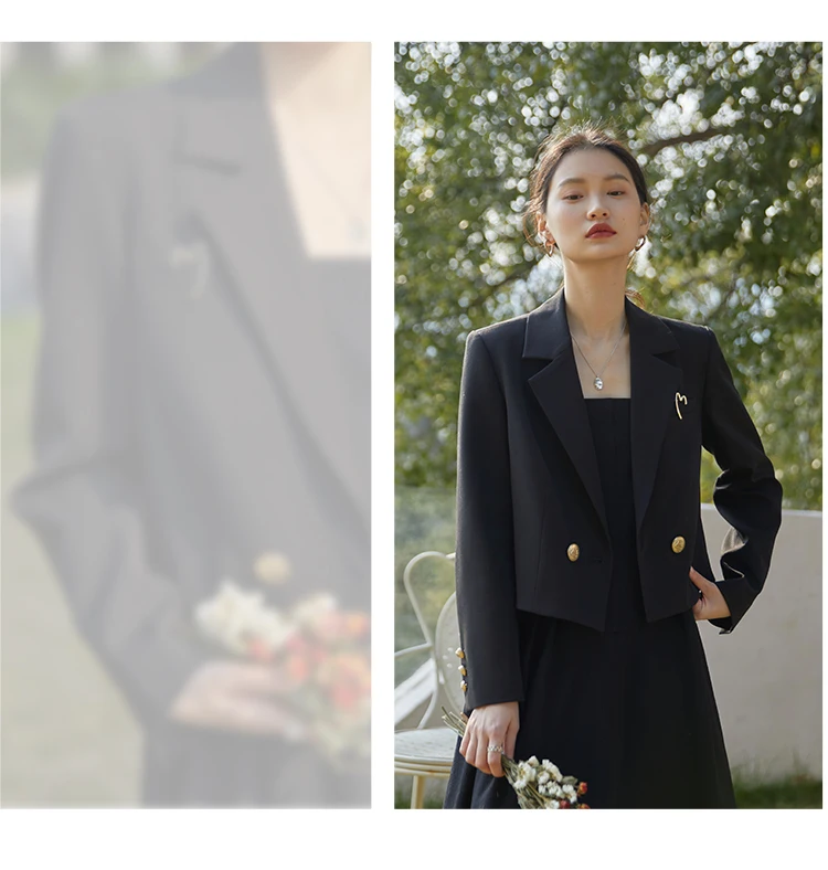 ZIQIAO Autumn Suit Collar Full Regular Sleeve Short Blazers Loose Office Lady Detachable Brooch Double Breasted Spring Jackets