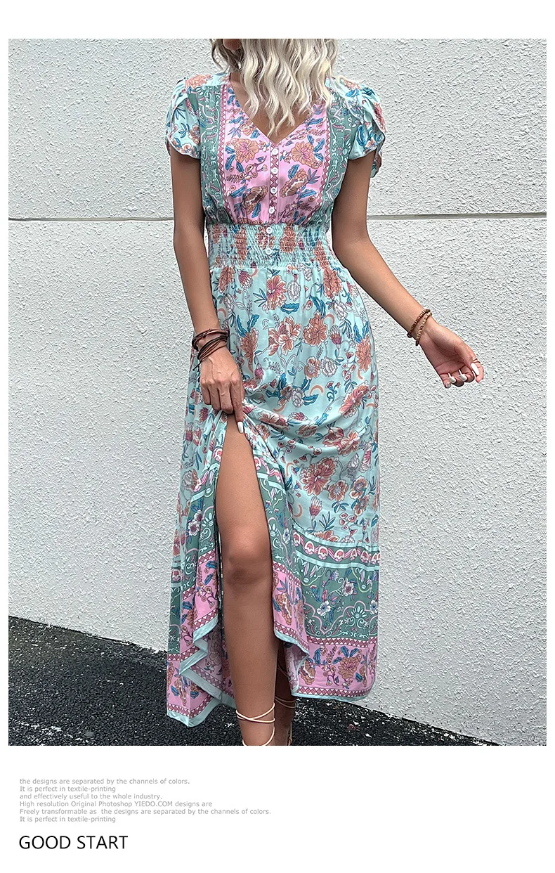 Vintage Floral Boho Printed Vestidos Women Short Sleeves V Neck Slit Midi Dresses A Line Bohemian Summer Beach Dress