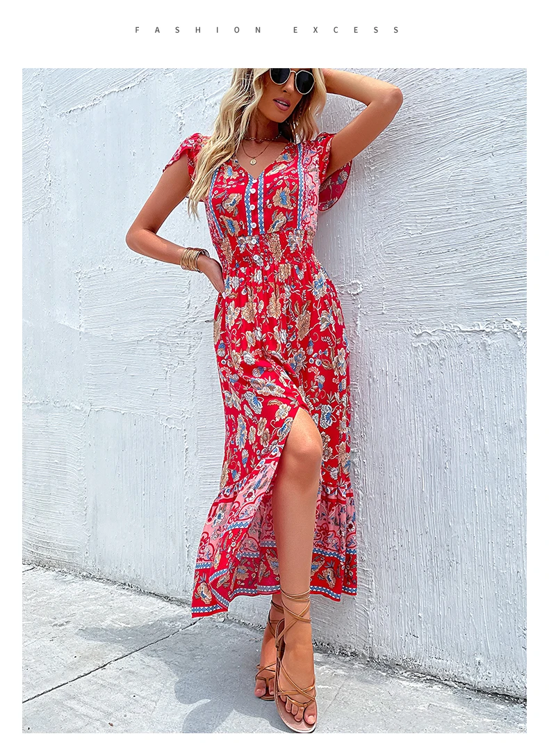 Vintage Floral Boho Printed Vestidos Women Short Sleeves V Neck Slit Midi Dresses A Line Bohemian Summer Beach Dress