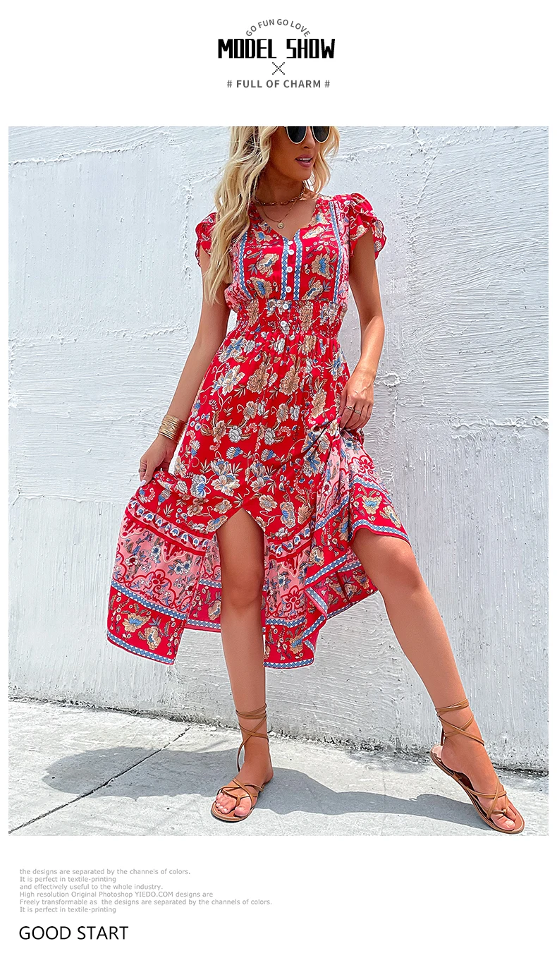 Vintage Floral Boho Printed Vestidos Women Short Sleeves V Neck Slit Midi Dresses A Line Bohemian Summer Beach Dress
