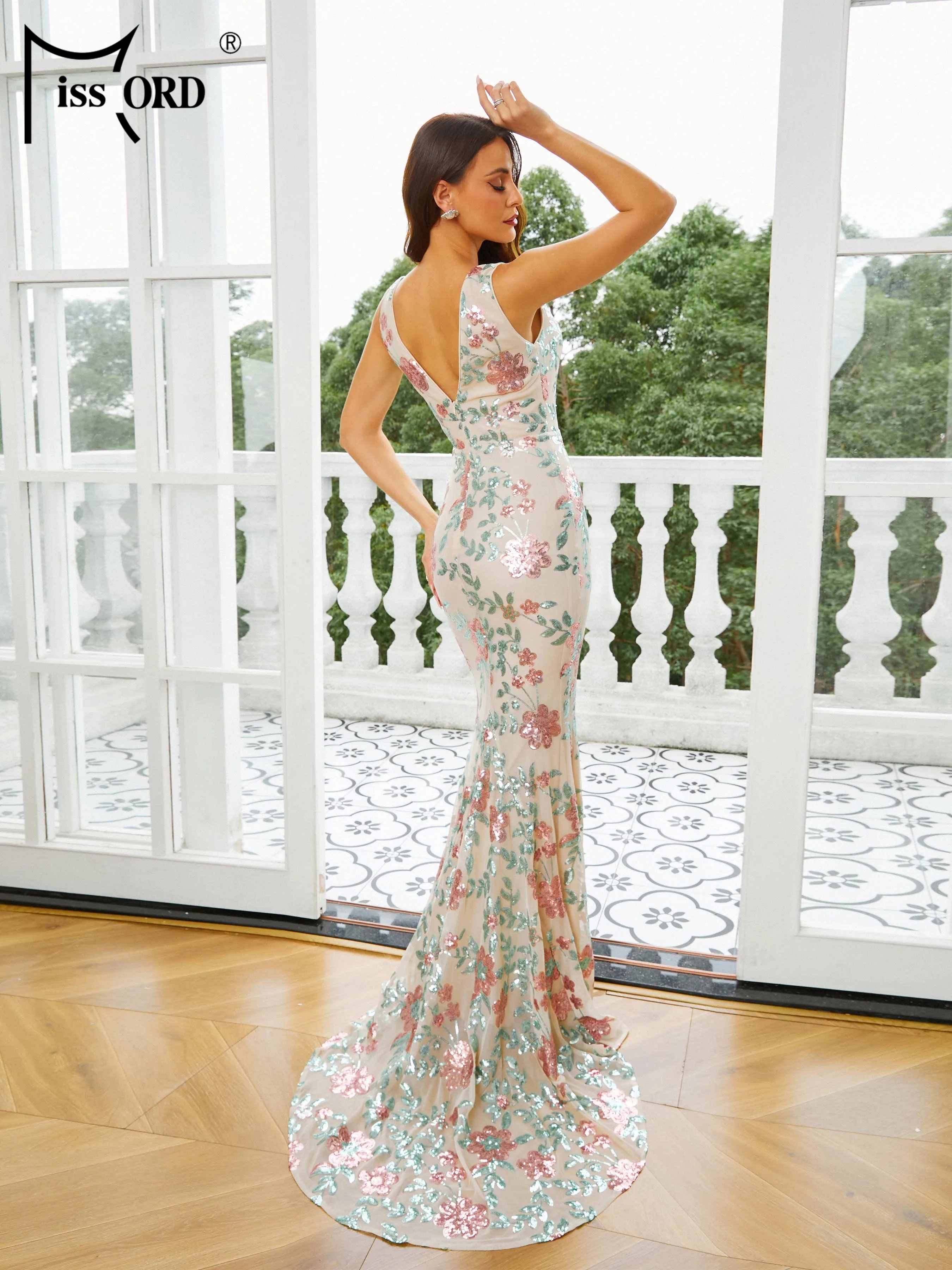 Missord New Elegant Beautiful Women V Neck Floral Sequin Sleeveless Mermaid Evening Formal Occasion Wedding Birthday Party Dress