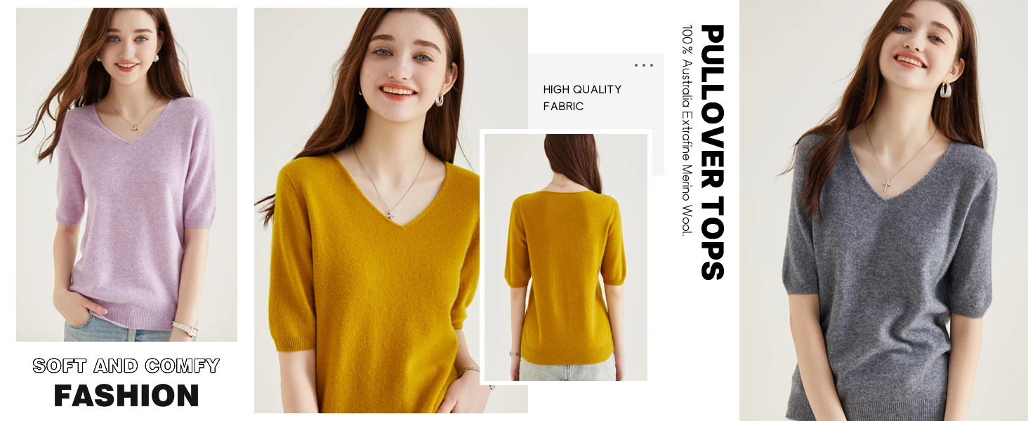 Women's Sweater 100% Merino Wool Sweater for Women Pullover Short Sleeve Tops Spring Summer V Neck Soft Knitted Female Clothing