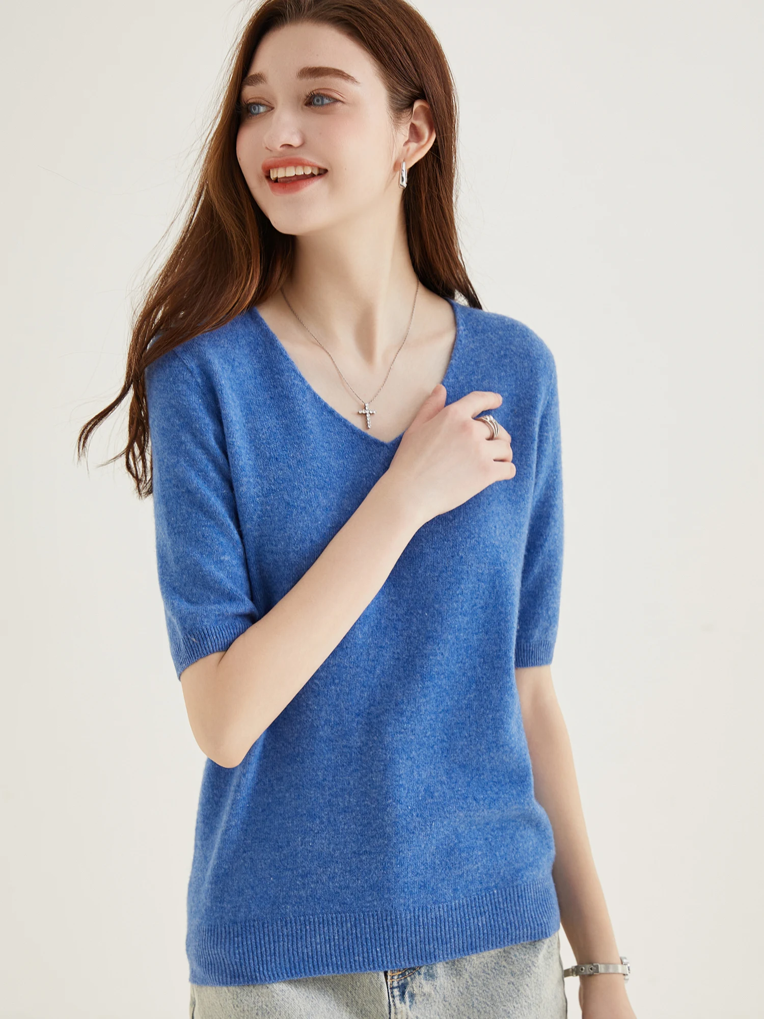 Women's Sweater 100% Merino Wool Sweater for Women Pullover Short Sleeve Tops Spring Summer V Neck Soft Knitted Female Clothing
