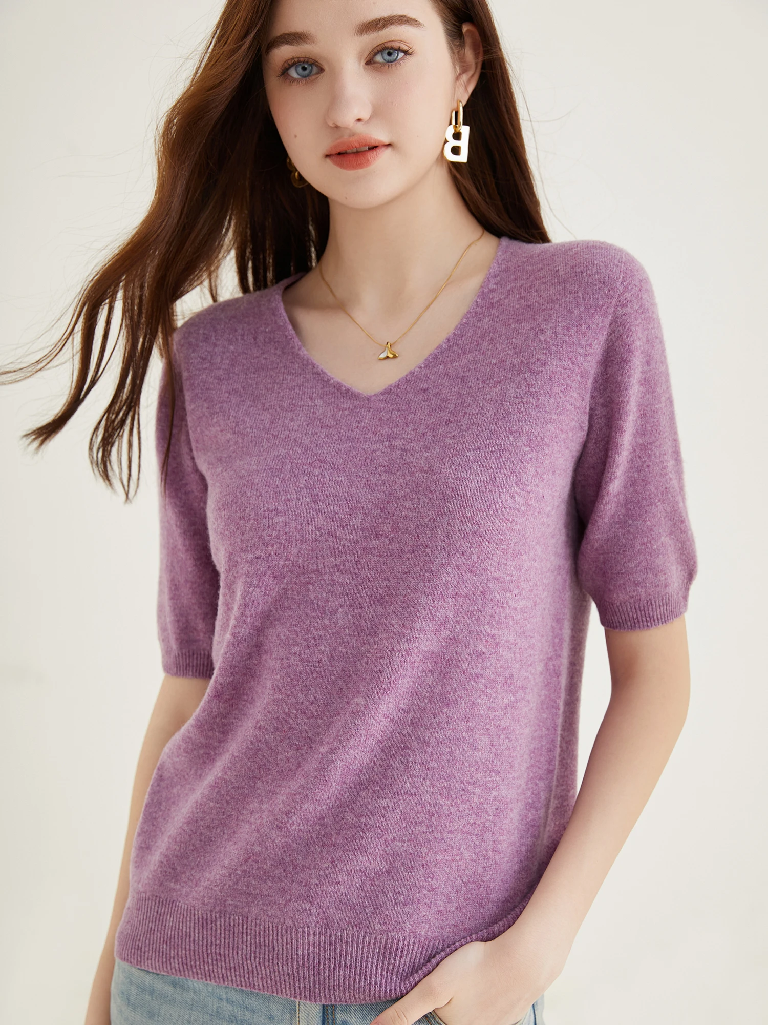 Women's Sweater 100% Merino Wool Sweater for Women Pullover Short Sleeve Tops Spring Summer V Neck Soft Knitted Female Clothing