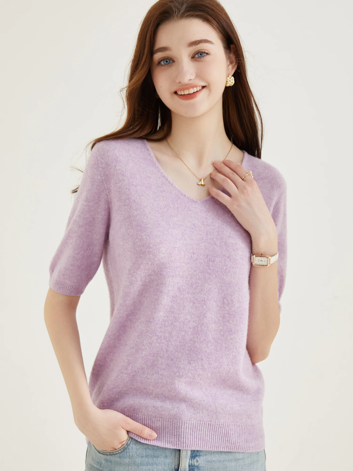 Women's Sweater 100% Merino Wool Sweater for Women Pullover Short Sleeve Tops Spring Summer V Neck Soft Knitted Female Clothing