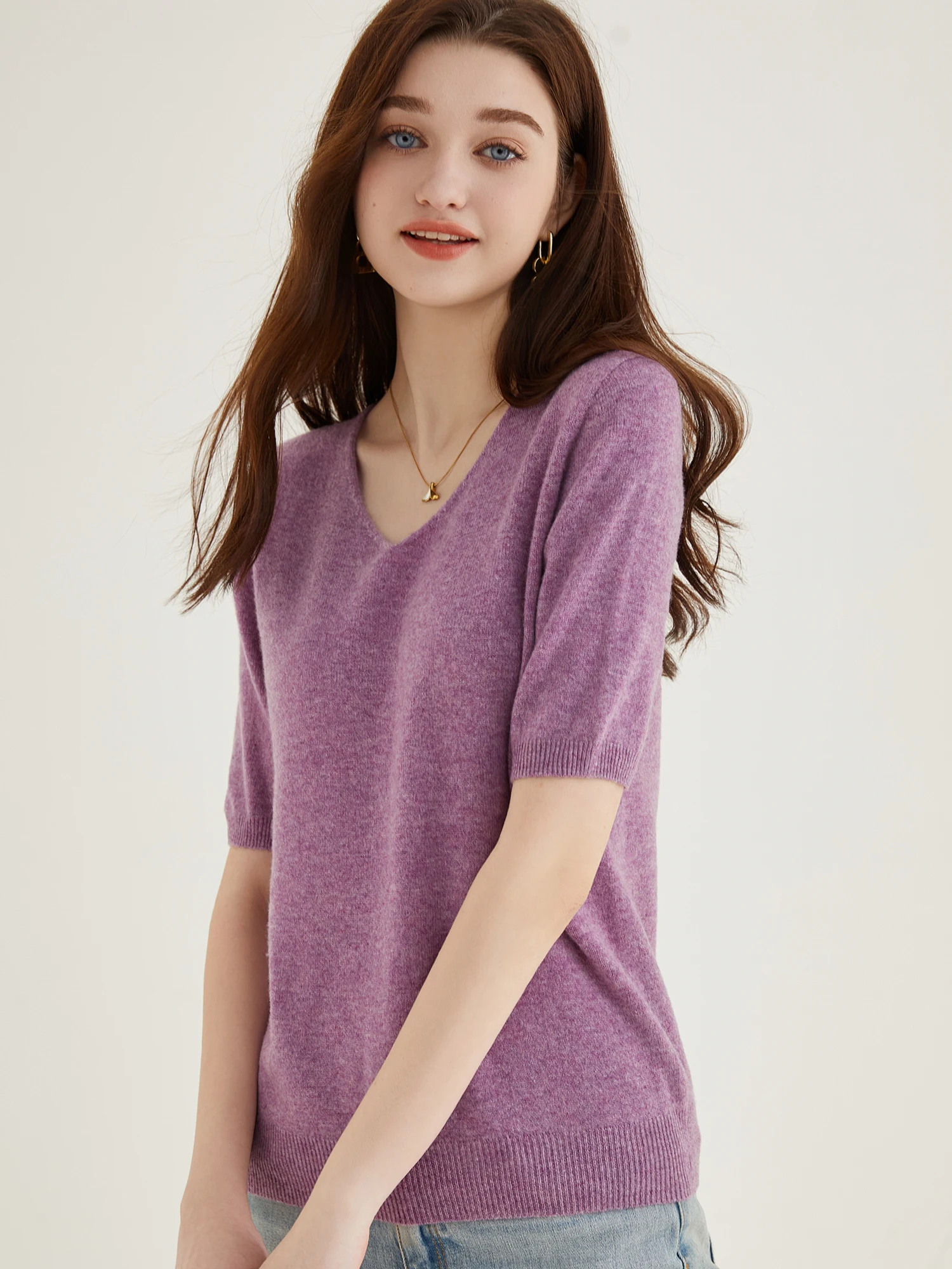 Women's Sweater 100% Merino Wool Sweater for Women Pullover Short Sleeve Tops Spring Summer V Neck Soft Knitted Female Clothing