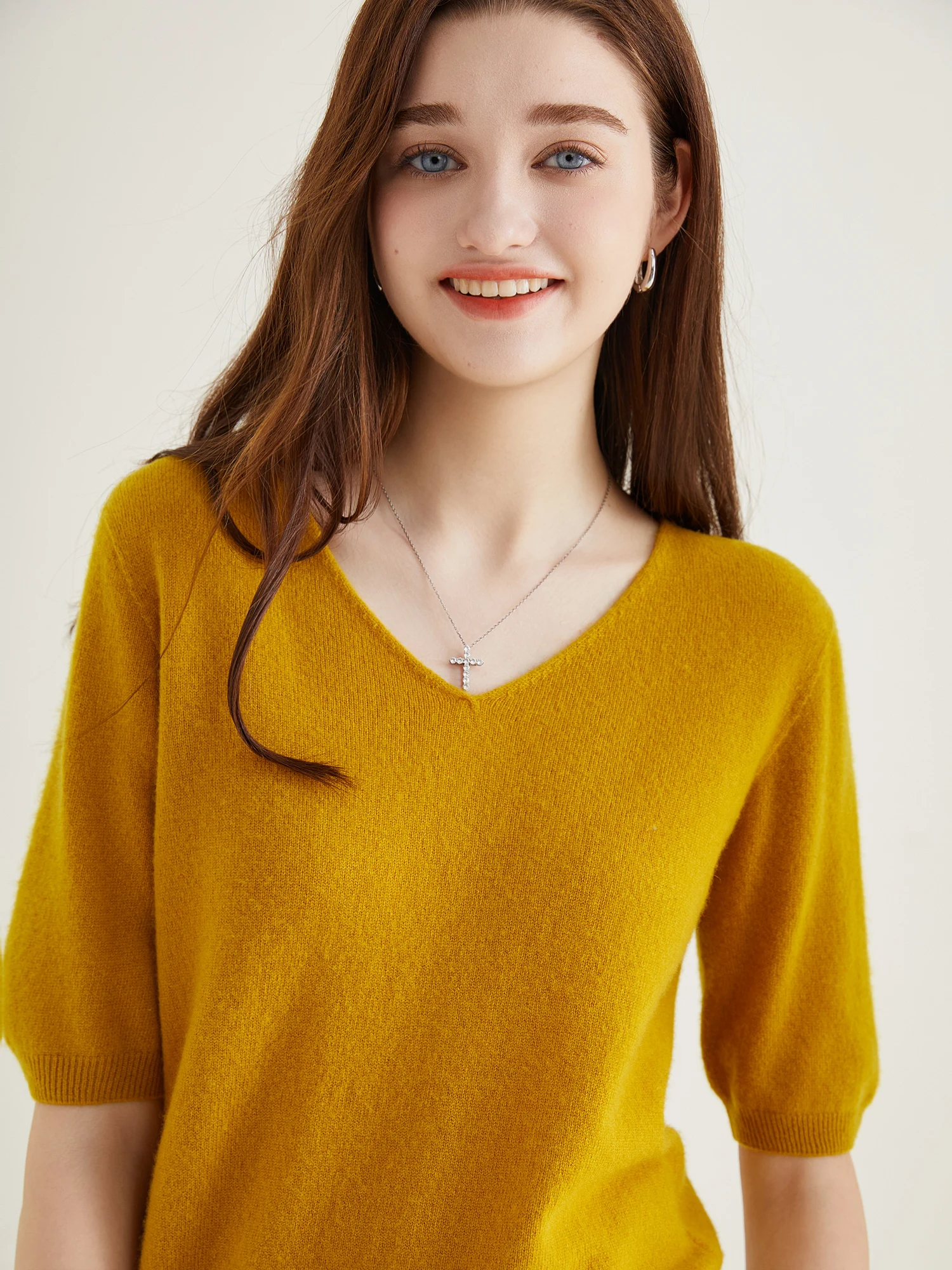 Women's Sweater 100% Merino Wool Sweater for Women Pullover Short Sleeve Tops Spring Summer V Neck Soft Knitted Female Clothing
