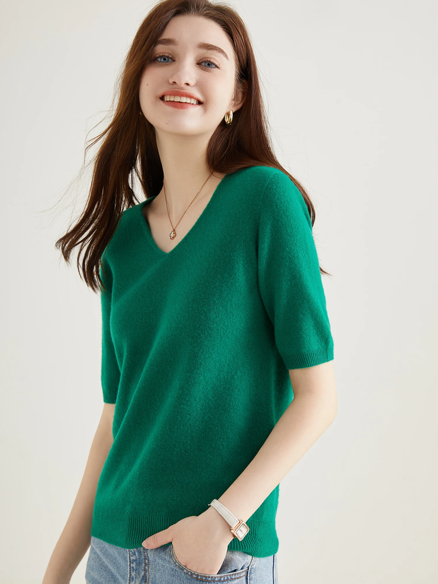 Women's Sweater 100% Merino Wool Sweater for Women Pullover Short Sleeve Tops Spring Summer V Neck Soft Knitted Female Clothing