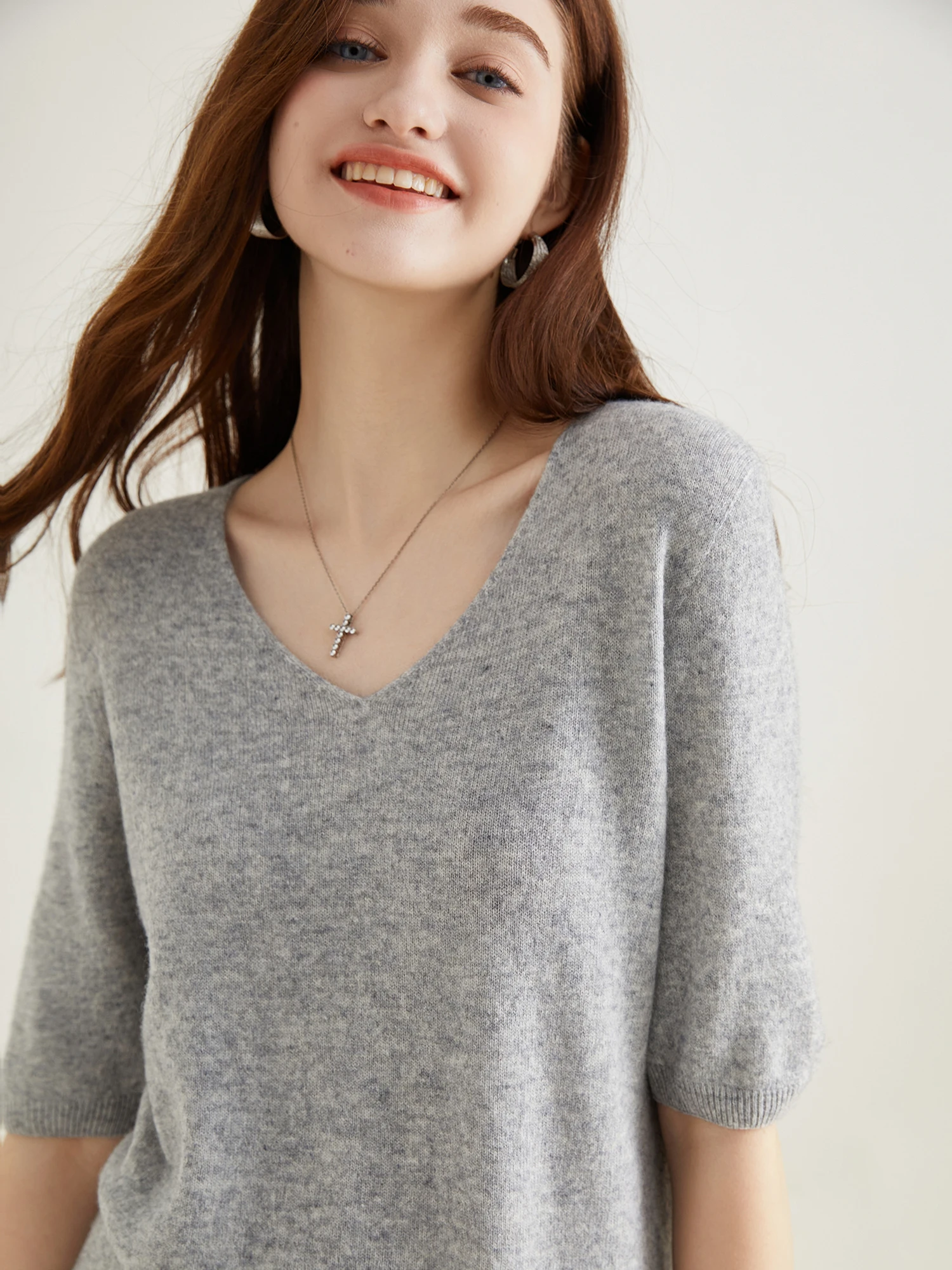 Women's Sweater 100% Merino Wool Sweater for Women Pullover Short Sleeve Tops Spring Summer V Neck Soft Knitted Female Clothing