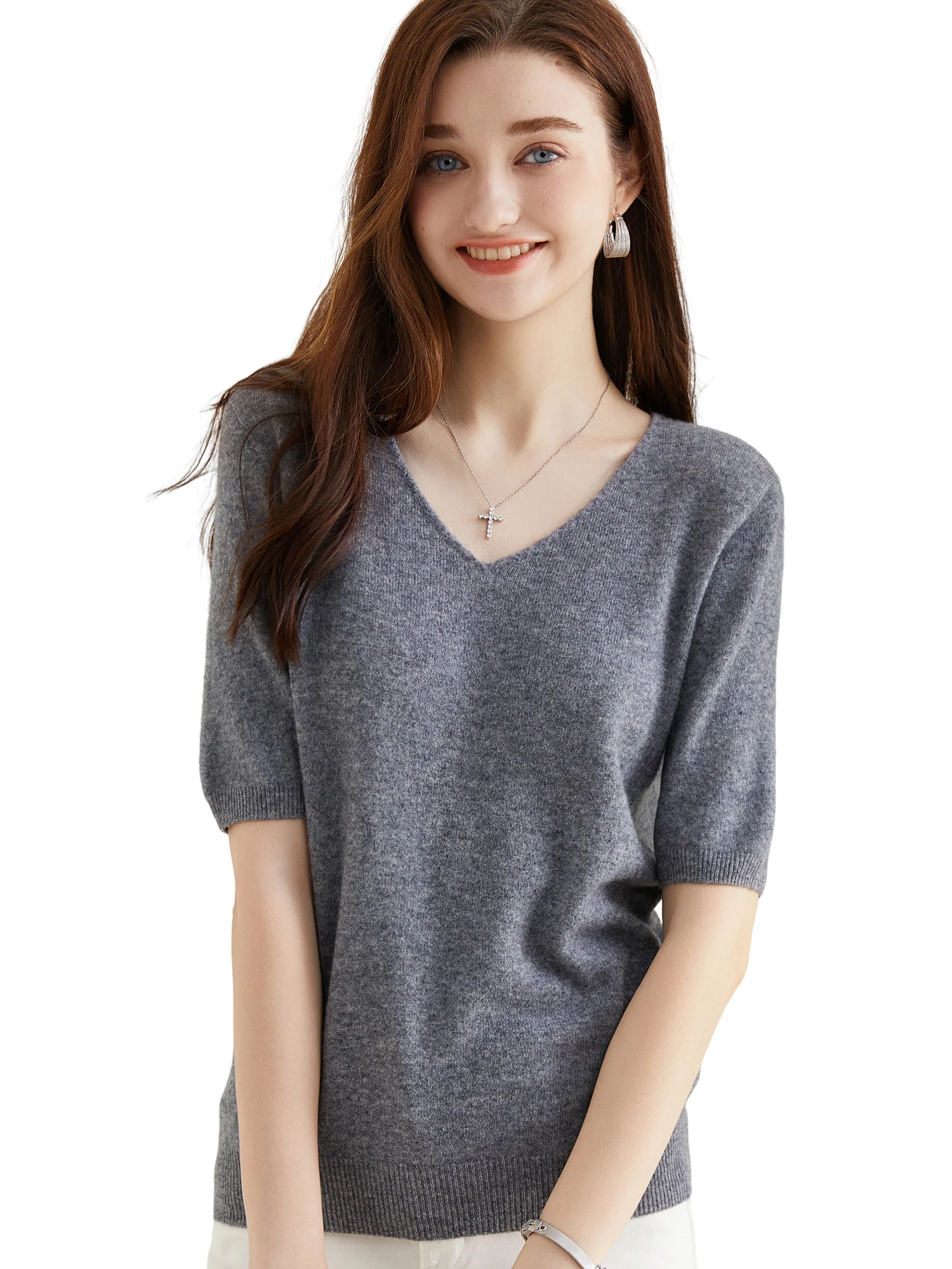 Women's Sweater 100% Merino Wool Sweater for Women Pullover Short Sleeve Tops Spring Summer V Neck Soft Knitted Female Clothing