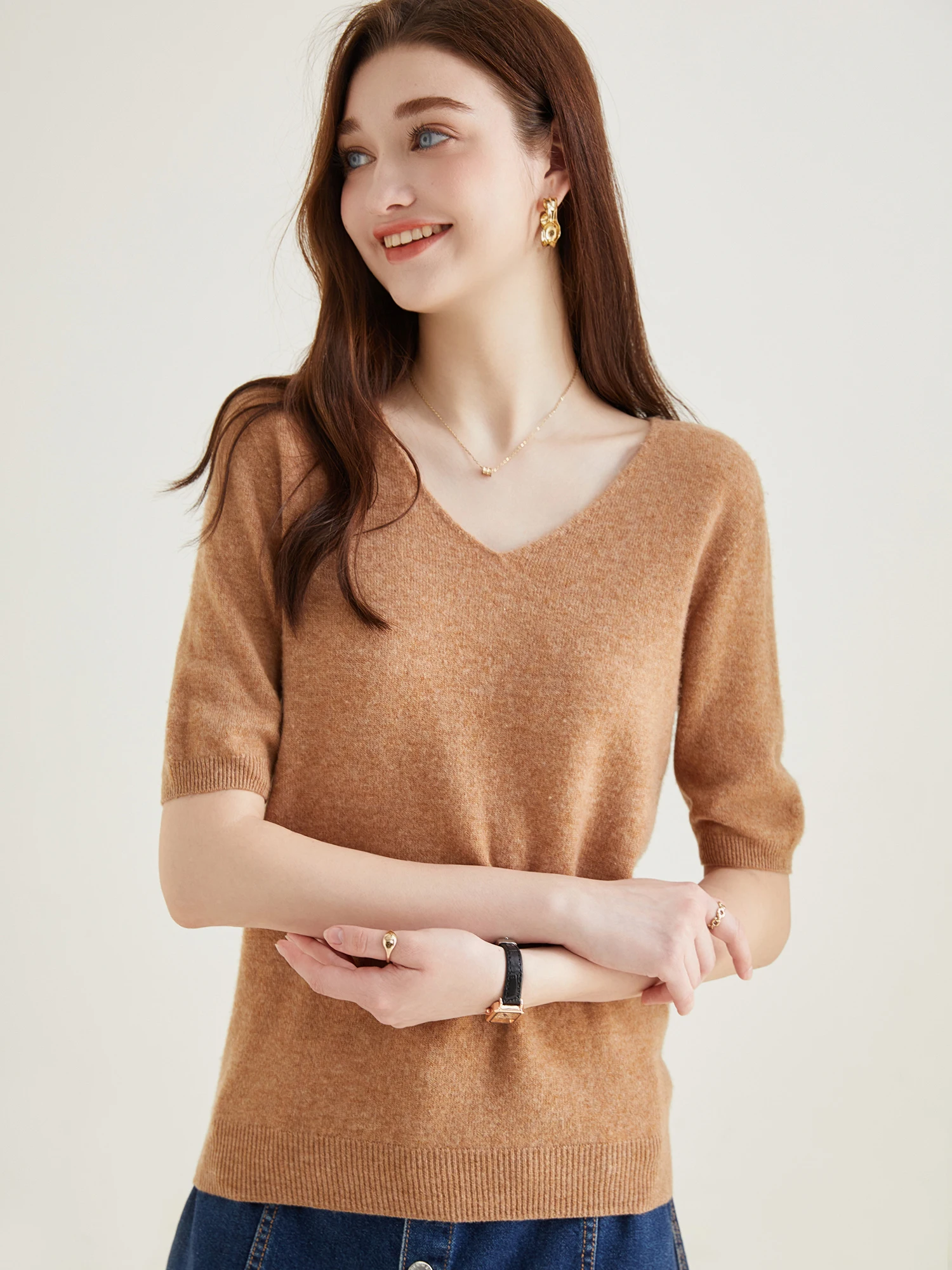Women's Sweater 100% Merino Wool Sweater for Women Pullover Short Sleeve Tops Spring Summer V Neck Soft Knitted Female Clothing