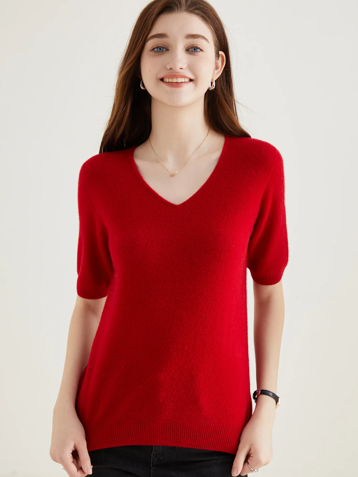 Women's Sweater 100% Merino Wool Sweater for Women Pullover Short Sleeve Tops Spring Summer V Neck Soft Knitted Female Clothing