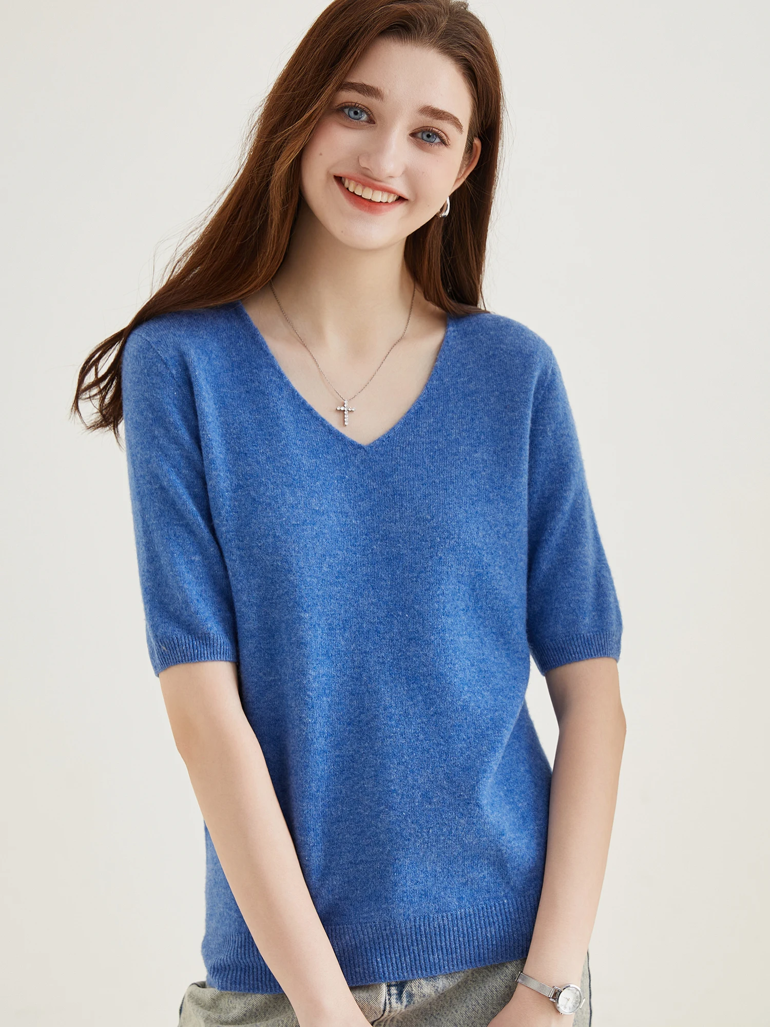 Women's Sweater 100% Merino Wool Sweater for Women Pullover Short Sleeve Tops Spring Summer V Neck Soft Knitted Female Clothing