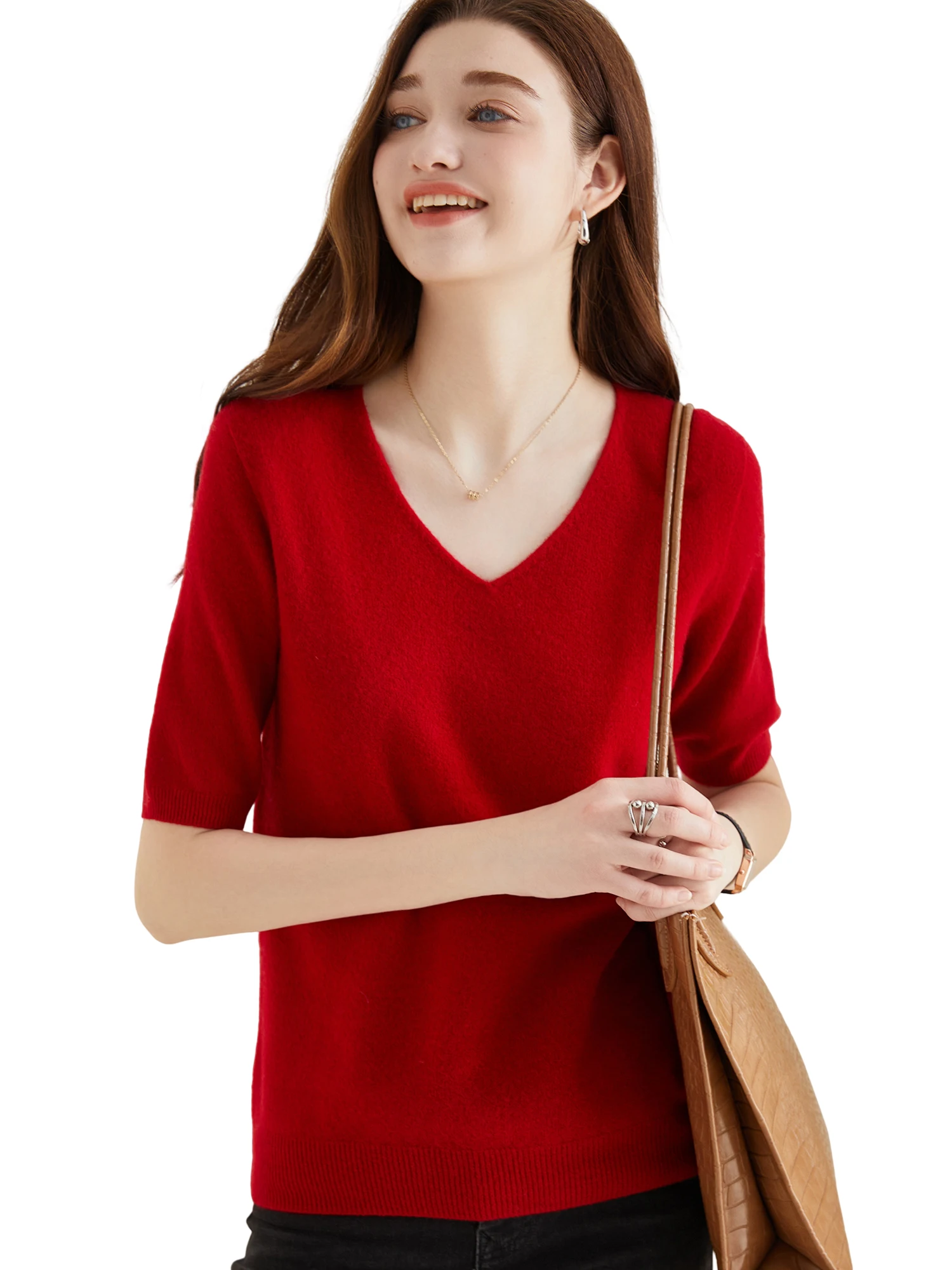 Women's Sweater 100% Merino Wool Sweater for Women Pullover Short Sleeve Tops Spring Summer V Neck Soft Knitted Female Clothing