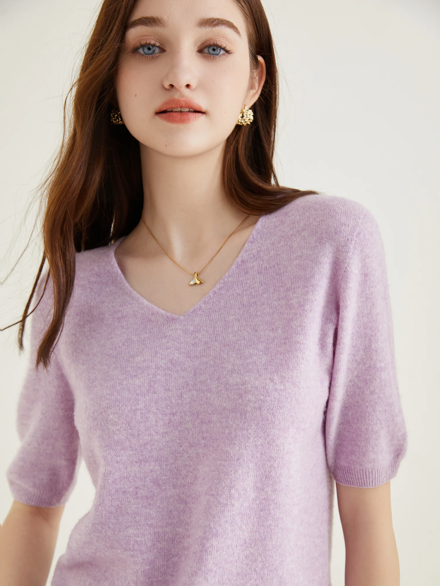 Women's Sweater 100% Merino Wool Sweater for Women Pullover Short Sleeve Tops Spring Summer V Neck Soft Knitted Female Clothing