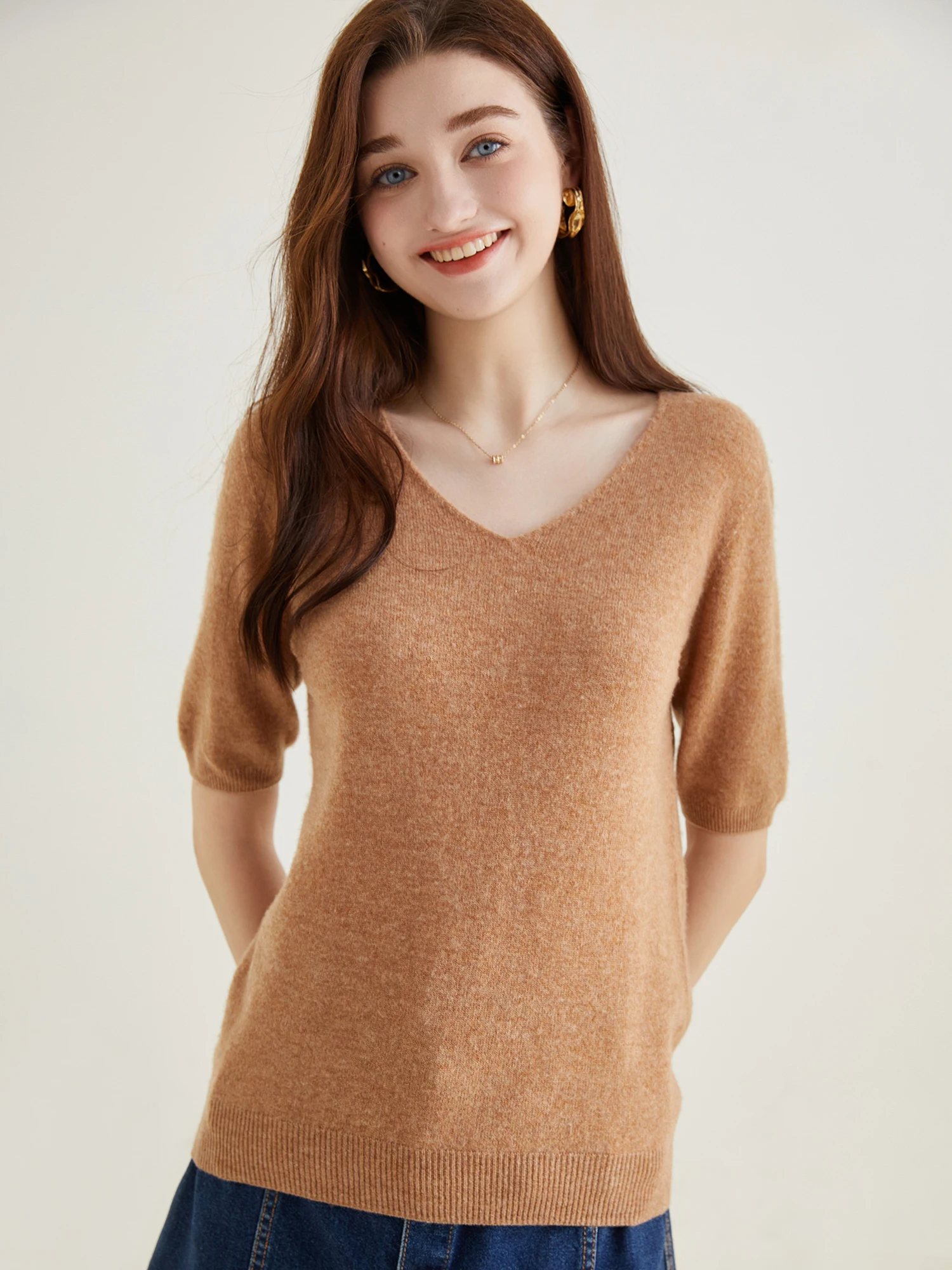 Women's Sweater 100% Merino Wool Sweater for Women Pullover Short Sleeve Tops Spring Summer V Neck Soft Knitted Female Clothing