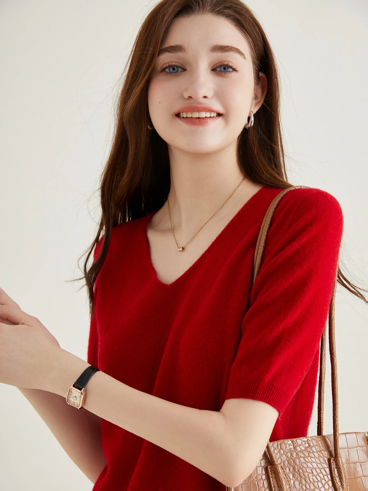 Women's Sweater 100% Merino Wool Sweater for Women Pullover Short Sleeve Tops Spring Summer V Neck Soft Knitted Female Clothing