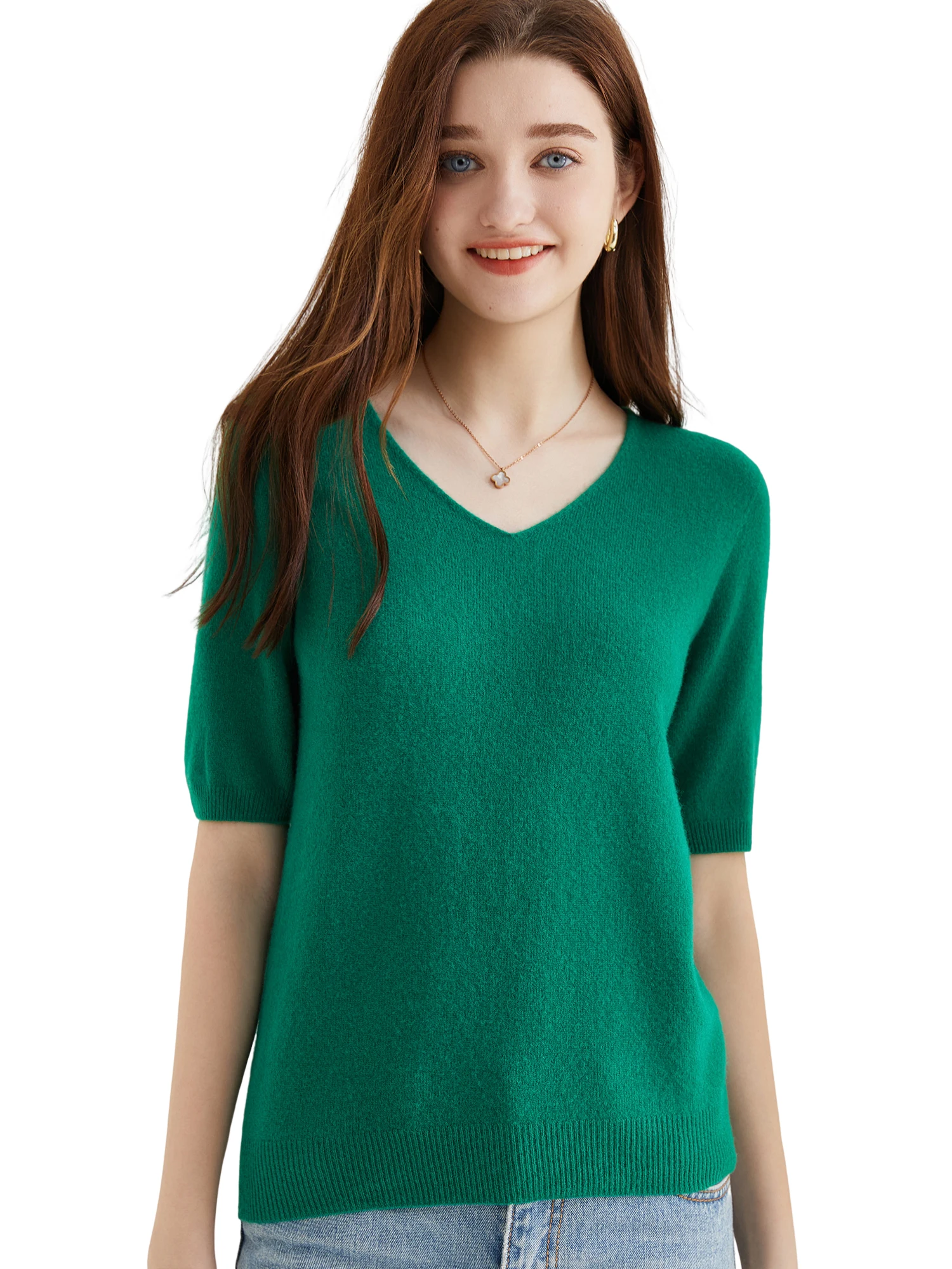 Women's Sweater 100% Merino Wool Sweater for Women Pullover Short Sleeve Tops Spring Summer V Neck Soft Knitted Female Clothing