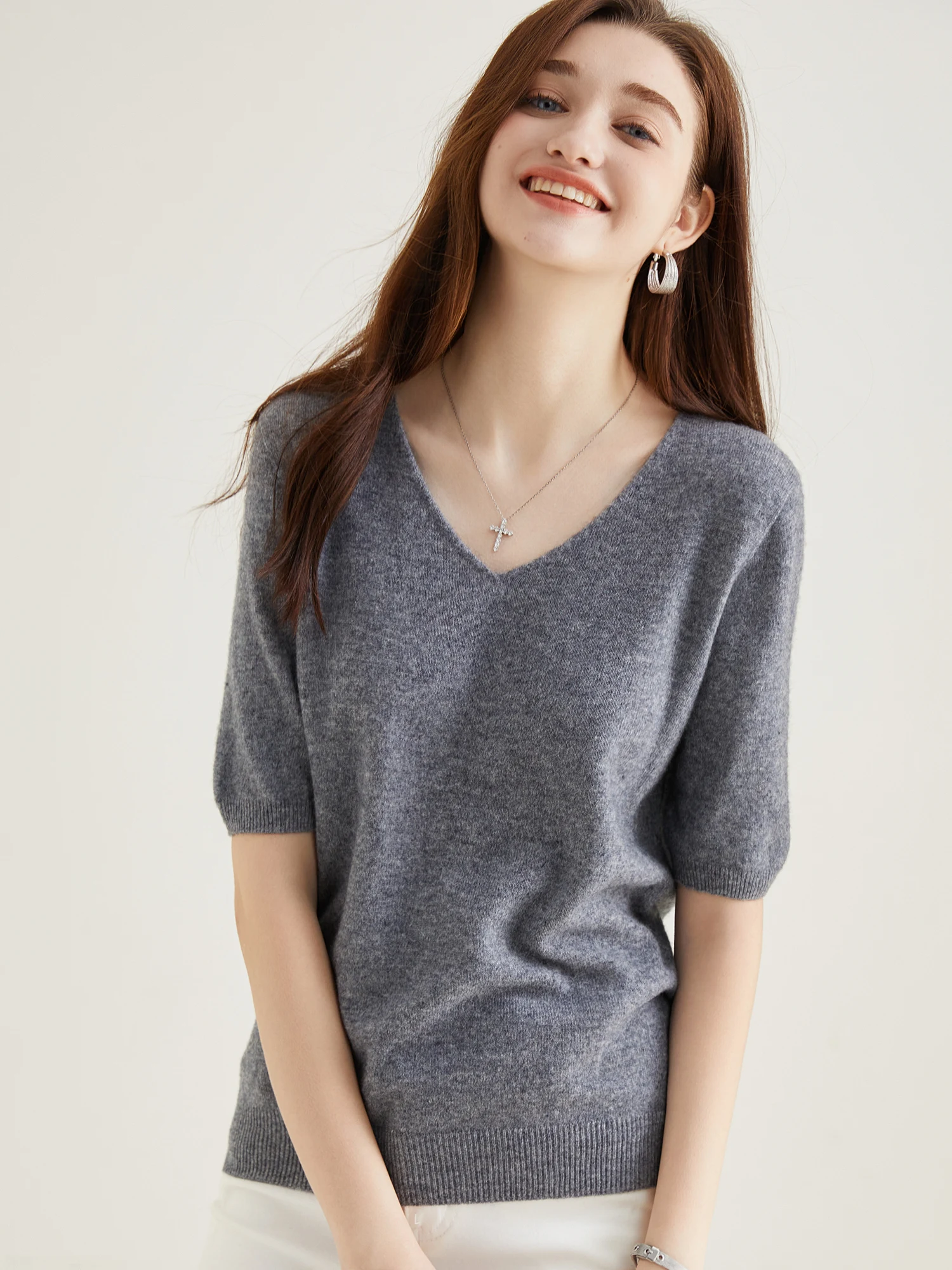 Women's Sweater 100% Merino Wool Sweater for Women Pullover Short Sleeve Tops Spring Summer V Neck Soft Knitted Female Clothing