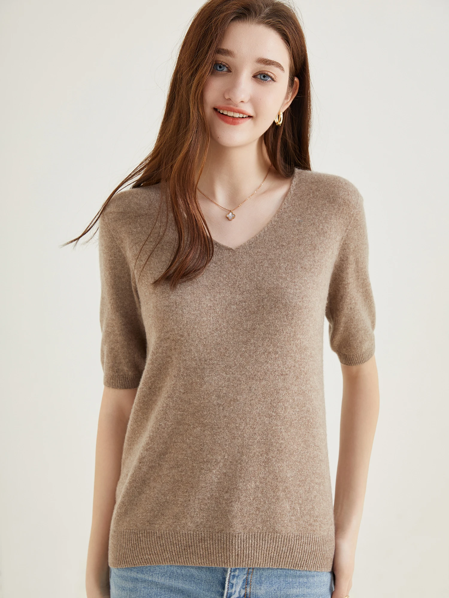 Women's Sweater 100% Merino Wool Sweater for Women Pullover Short Sleeve Tops Spring Summer V Neck Soft Knitted Female Clothing