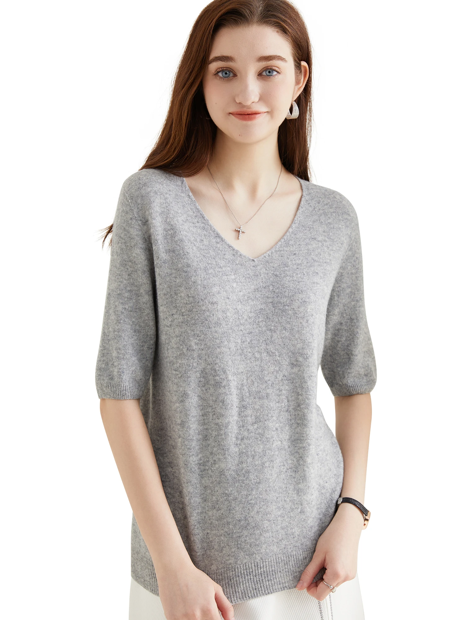 Women's Sweater 100% Merino Wool Sweater for Women Pullover Short Sleeve Tops Spring Summer V Neck Soft Knitted Female Clothing