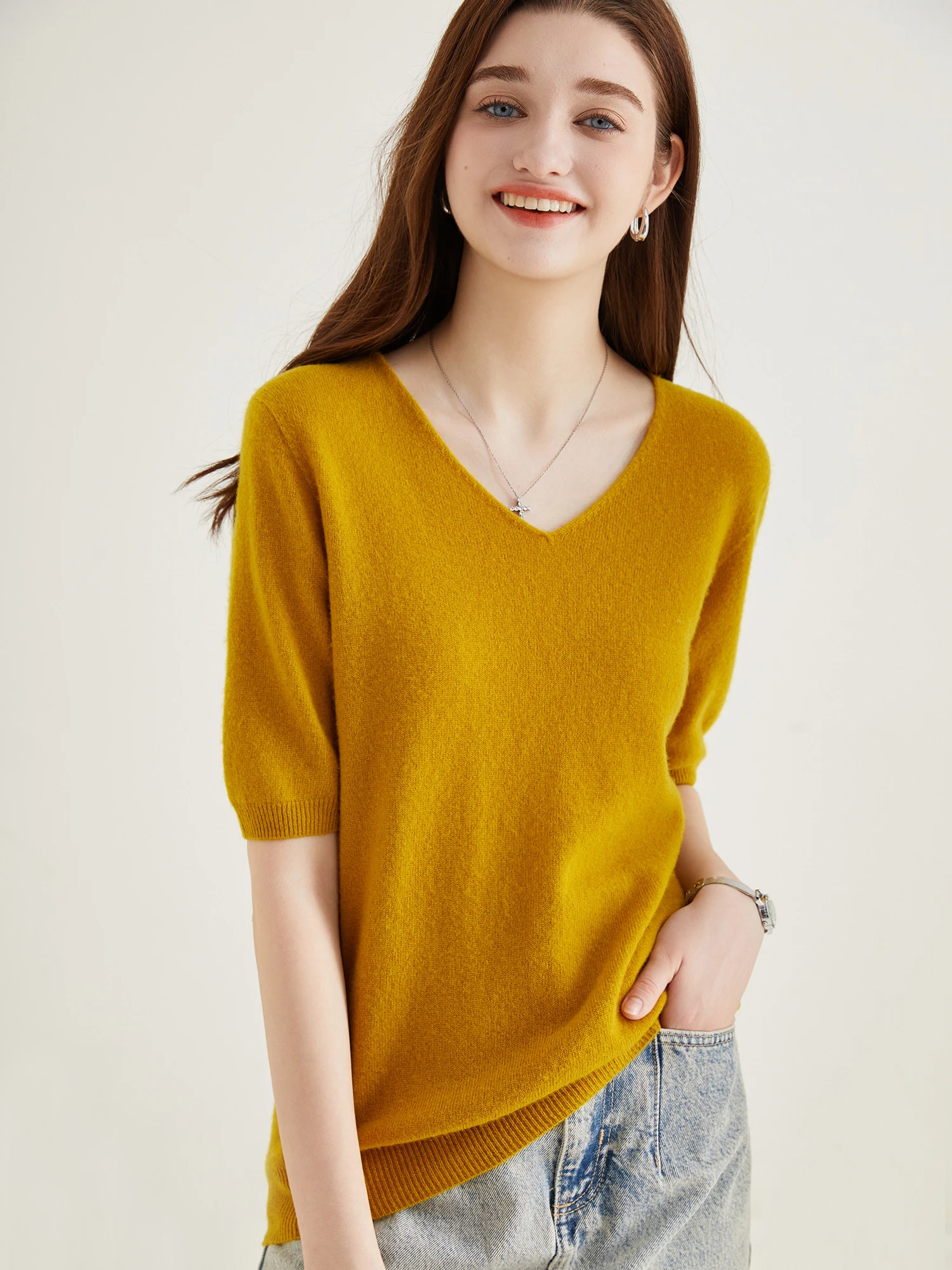 Women's Sweater 100% Merino Wool Sweater for Women Pullover Short Sleeve Tops Spring Summer V Neck Soft Knitted Female Clothing