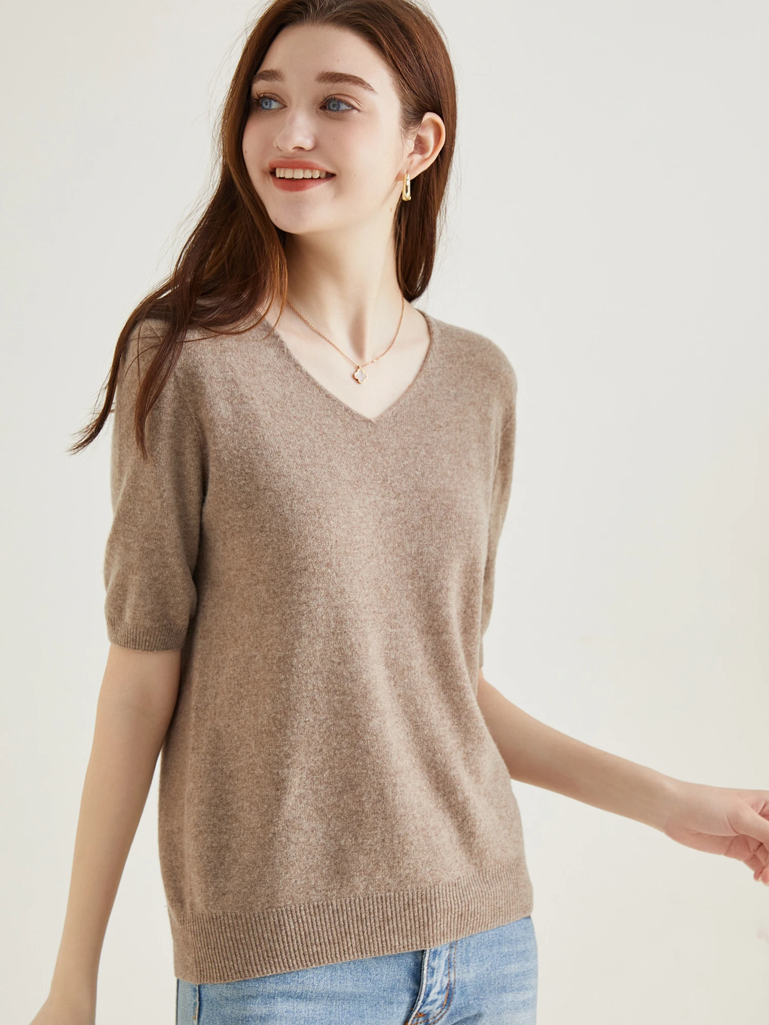 Women's Sweater 100% Merino Wool Sweater for Women Pullover Short Sleeve Tops Spring Summer V Neck Soft Knitted Female Clothing