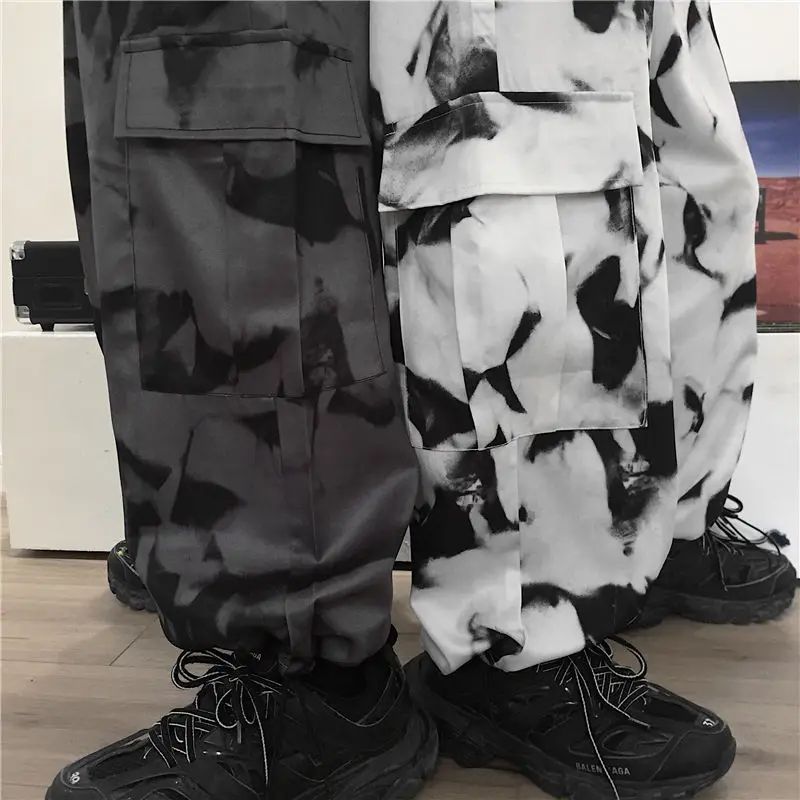 testtestKorean Wide Leg Pants Women Harajuku Street Vintage Tie-dye Cargo Pants Casual Loose Couple Trousers Big Pocket